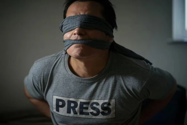 zavezan muškarac u majici s natpisom PRESS